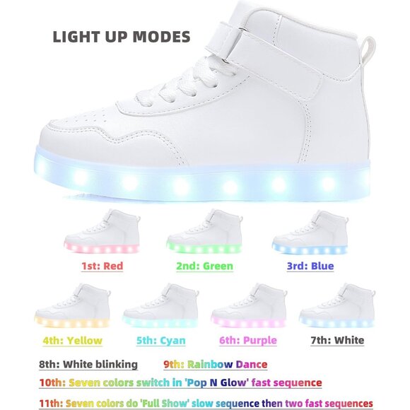 Kids White LED Light Up Shoes High Top Cool USB Rechargeable Flashing Sneakers - Picture 2 of 7
